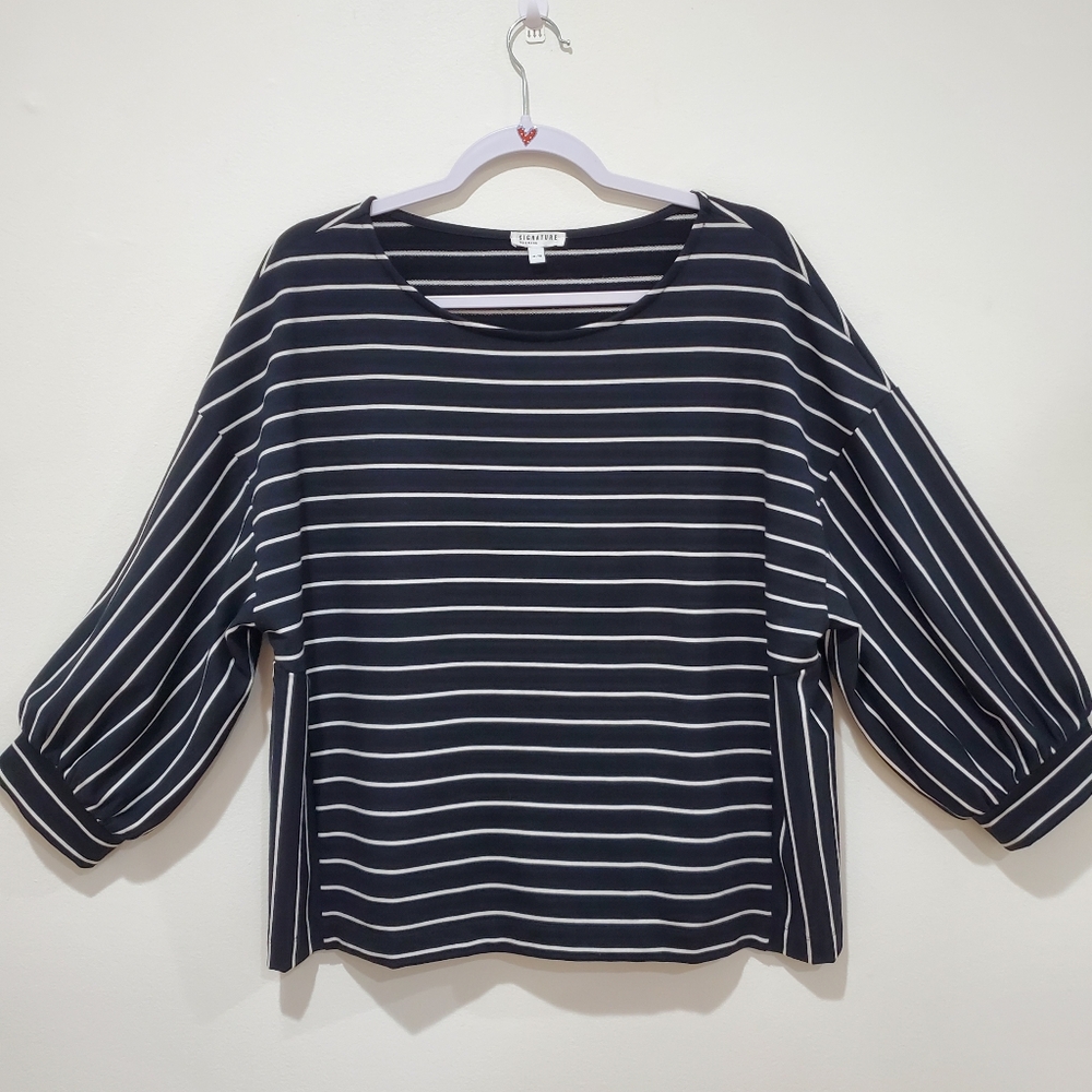 REITMANS Signature Nautical Black/White Striped Boatneck Blouse Balloon Slv  XL